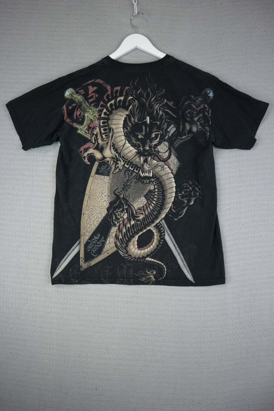 Dragon Cross Sword T-Shirt Vintage Y2K AOP Graphic Mens Grunge Fits Large